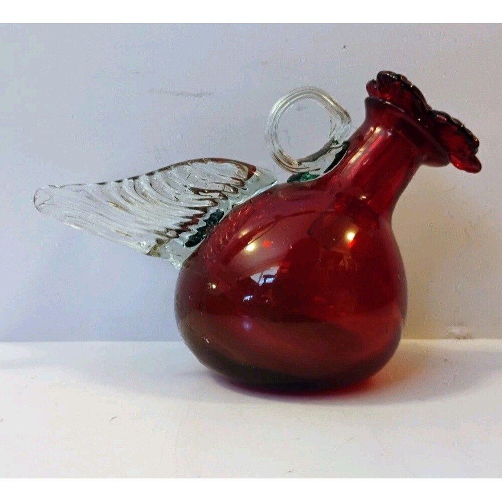 Vtg Pilgrim Glass Ruby Red Bird Pitcher Cruet Applied Clear Wing Handle Parasol
